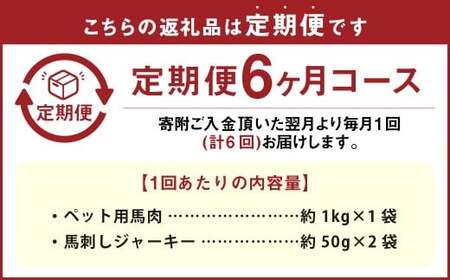 【6回定期便】ペット用馬肉 約1kg×1袋＋馬刺しジャーキー 約100g（約50g×2袋） 合計約6.6kg ペットフード 馬 肉 高タンパク 低カロリー