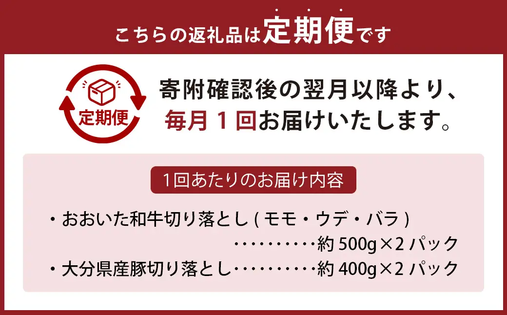 【3ヶ月定期】 【切り落とし対決！】 おおいた和牛切り落とし 約1kg（約500g×2）と大分県産「米の恵み」豚切り落とし 約800g（約400g×2） 計約1.8kg