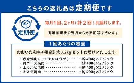 【2ヶ月定期便】 【盛々焼肉食べ比べ】 おおいた和牛（赤身・肩ロース・上カルビ・ミスジ） 各約800g 計約3.2kg
