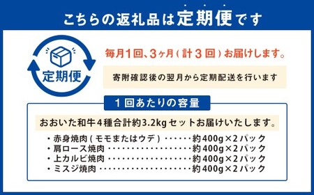 【3ヶ月定期便】 【盛々焼肉食べ比べ】 おおいた和牛（赤身・肩ロース・上カルビ・ミスジ） 各約800g 計約3.2kg
