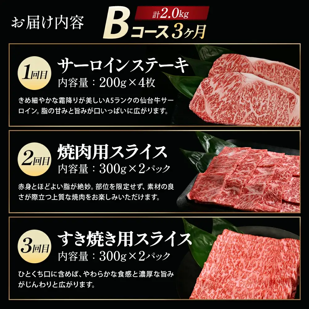 【毎月定期便】「A5仙台牛Bコース」 ステーキ・焼肉・すき焼き 全3回　【04301-0857】