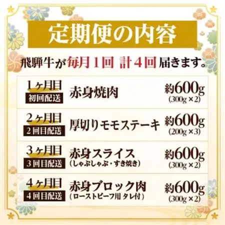 【毎月定期便】飛騨牛 赤身定期便 計2.4kg 焼肉 BBQ すき焼き しゃぶしゃぶ ブロック全4回【配送不可地域：離島】【4072650】