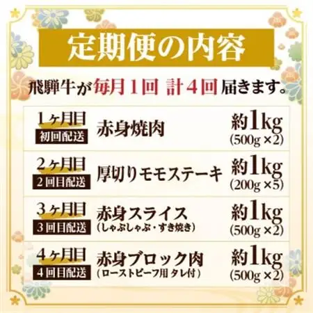 【毎月定期便】飛騨牛 赤身定期便 計4kg 焼肉 BBQ すき焼き しゃぶしゃぶ ブロック全4回【配送不可地域：離島】【4072655】