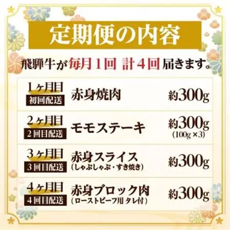 【毎月定期便】飛騨牛 赤身定期便 計1.2kg 焼肉 BBQ すき焼き しゃぶしゃぶ ブロック全4回【配送不可地域：離島】【4072753】
