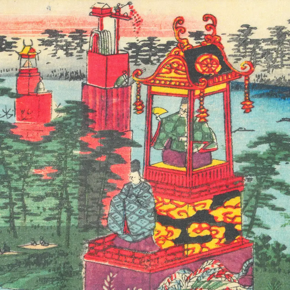 オリジナル【浮世絵ミニ風呂敷】歌川広重（二代）作「諸国名所百景 尾張津島祭禮」デザイン／名古屋刀剣博物館