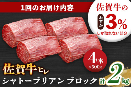 【3カ月定期便】佐賀牛 ヒレシャトーブリアンブロック 2kg(500g×4本) K030537