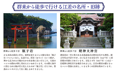 「2泊3日連泊・町歩きガイド付きプラン※期間限定7・8月除く」江差旅庭 群来（くき）《ペア宿泊券》タクシー送迎つき　北海道の高級旅館　大人の隠れ家　源泉かけ流し天然温泉宿　個室温泉付き客室　直営農場の平飼い卵・サフォーク羊・野菜山菜　船買いの新鮮魚介　温泉熱を利用した暖房給湯　食と環境にこだわった7部屋限定の癒しの宿　街歩き　観光ガイド　歴史的街並み散策　かもめ島