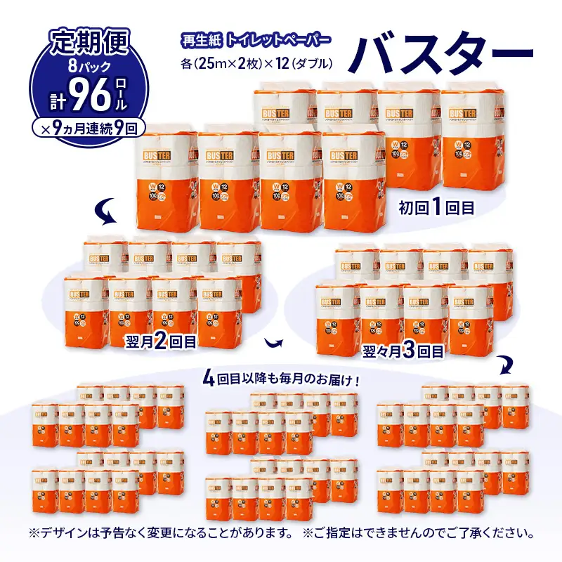 【9ヵ月 連続 定期便】トイレットペーパー バスター 12R ダブル （25ｍ×2枚）×8パック 96個 ×9回 日用品 消耗品 114mm 柔らかい 無香料 芯 大容量 トイレット トイレ といれっとペーパー ふるさと 納税