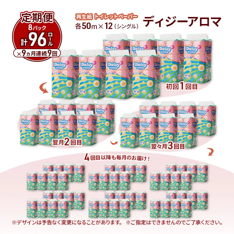 【9ヵ月 連続 定期便】トイレットペーパー ディジーアロマ 12R シングル 50ｍ ×8パック 96個 ×9回 日用品 消耗品 114mm ほのかな 香り 微香 芯 大容量 トイレット トイレ ふるさと 納税 