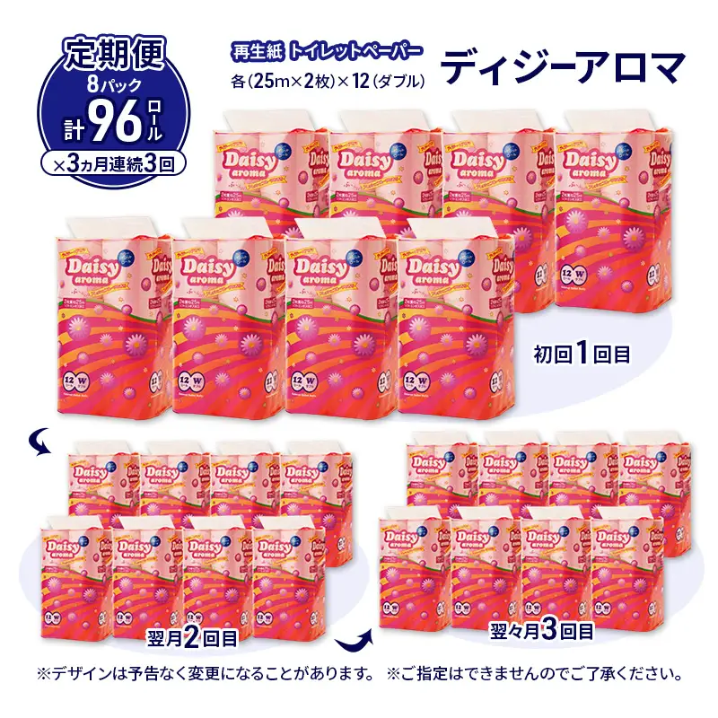 【3ヵ月 連続 定期便】トイレットペーパー ディジーアロマ 12R ダブル （25ｍ×2枚）×8パック 96個 ×3回  日用品 消耗品 114mm ほのかな 香り 微香 芯 大容量 トイレット トイレ ふるさと 納税 