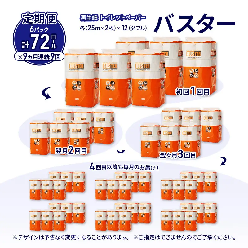 【9ヵ月 連続 定期便】トイレットペーパー バスター 12R ダブル （25ｍ×2枚）×6パック 72個 ×9回 日用品 消耗品 114mm 柔らかい 無香料 芯 大容量 トイレット トイレ といれっとペーパー ふるさと 納税 