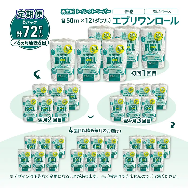 【6ヵ月 連続 定期便】トイレットペーパー エブリワン2倍巻ロール 12ロール×6パック 計72個 ×6回  ダブル 50m 倍巻 省スペース 日用品 消耗品 防災 備蓄 無香料 香料不使用 たっぷり使える リサイクル