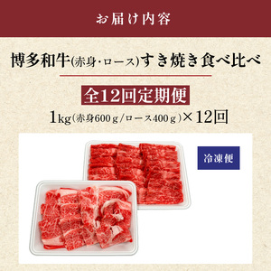 博多和牛赤身・ロースすき焼き食べ比べ　計1kg　12回定期便_博多和牛 赤身 ロース すき焼き 食べ比べ 12回 定期便 黒毛和牛 国産 九州産 福岡県産 国産牛 ブランド牛 牛肉 和牛 肉 お肉 溢れる 旨味 凝縮 サシ 甘味 至福の時 赤身肉 ロース肉 冷凍 お取り寄せ グルメ 福岡県 久留米市 送料無料 〔Tk058〕