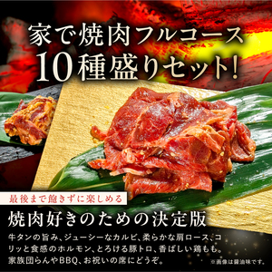 焼肉セット10種（味噌）【195011】味付け 味噌 簡単 2kg BBQ バーベキュー  牛タン 牛カルビ 牛ウデ 牛肩ロース 牛さがり 豚トロ ハンバーグ ホルモン 鶏もも 豚カルビ 小分け 冷凍保存