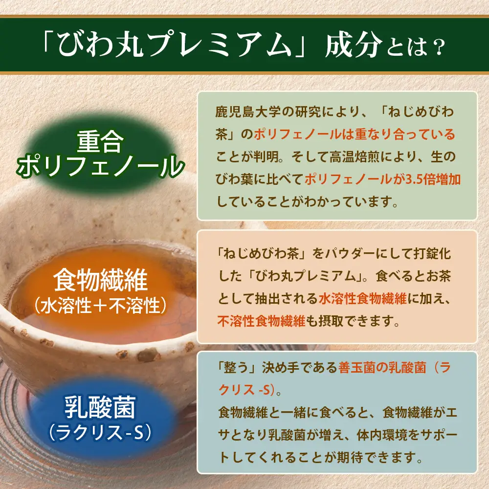 【定期便 全6回】≪6ヶ月連続で毎月お届け≫ びわ丸プレミアム ≪1回あたり(360粒入×1袋) ≫  健康補助食品 びわ茶含有加工食品 TO-14-NP | 国産 びわ茶 びわの葉 サプリメント 乳酸菌 ノンカフェイン ポリフェノール ネコポス 鹿児島県 南大隅町 十津川農場