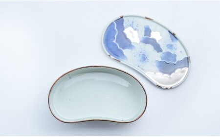 有田焼 雲濃銀彩重ね まゆ型陶箱 【まるぶん】 食器 器 青 銀 蓋物 お祝い 4万円 40000円 A40-394