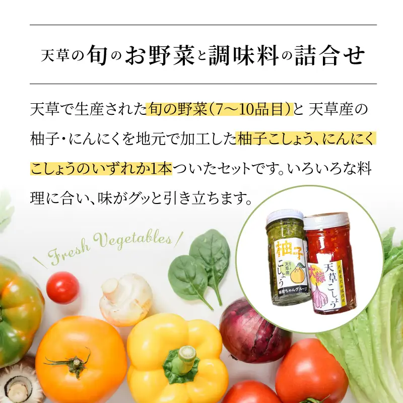 S047-001A_天草旬の野菜(7～10品目)＆加工品 オリジナルセット / 野菜 柚子こしょう にんにく こしょう