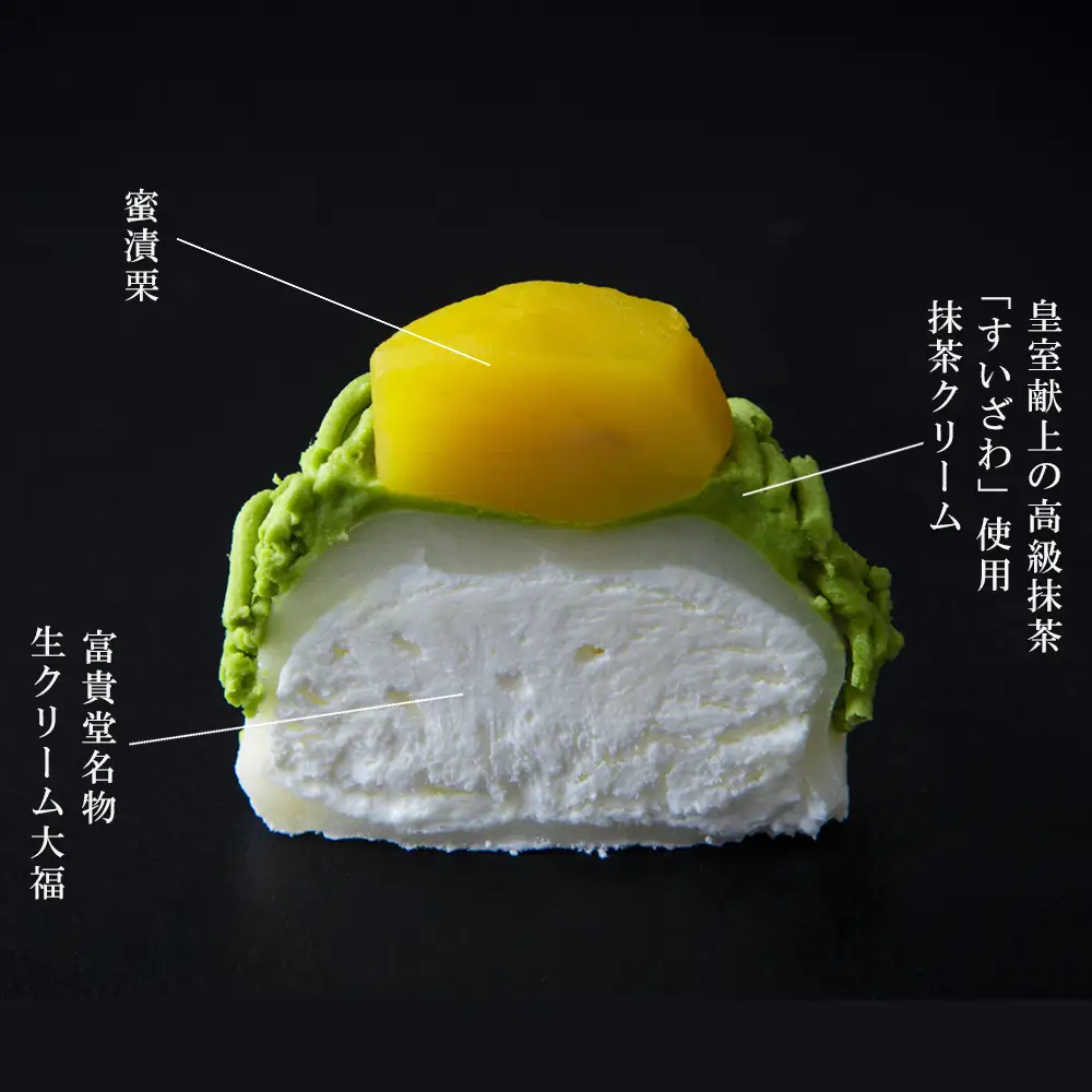 【ふるさと納税限定】皇室献上抹茶とメディアで話題の生クリーム大福のふるさと納税限定コラボ。抹茶モンブラン大福　９個入 【大福、モンブラン、栗、抹茶、生クリーム、クリーム、スイーツ、贅沢、ご褒美スイーツ、おいしい、なめらか、もちもち、老舗、富貴堂、和菓子、洋菓子、和洋、デザート、高級、上質、贈り物、ギフト、三重県、四日市市、ふるさと納税】