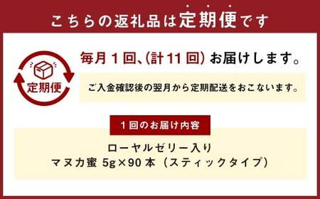 【11回定期便】 ローヤルゼリー入り マヌカ蜜 5g × 90本 （スティックタイプ） 蜂蜜 はちみつ ハチミツ ハチ蜜 はち蜜 蜜 ローヤルゼリー マヌカハニー ニュージーランド産 台湾産 杉養蜂園 熊本県 熊本市 常温