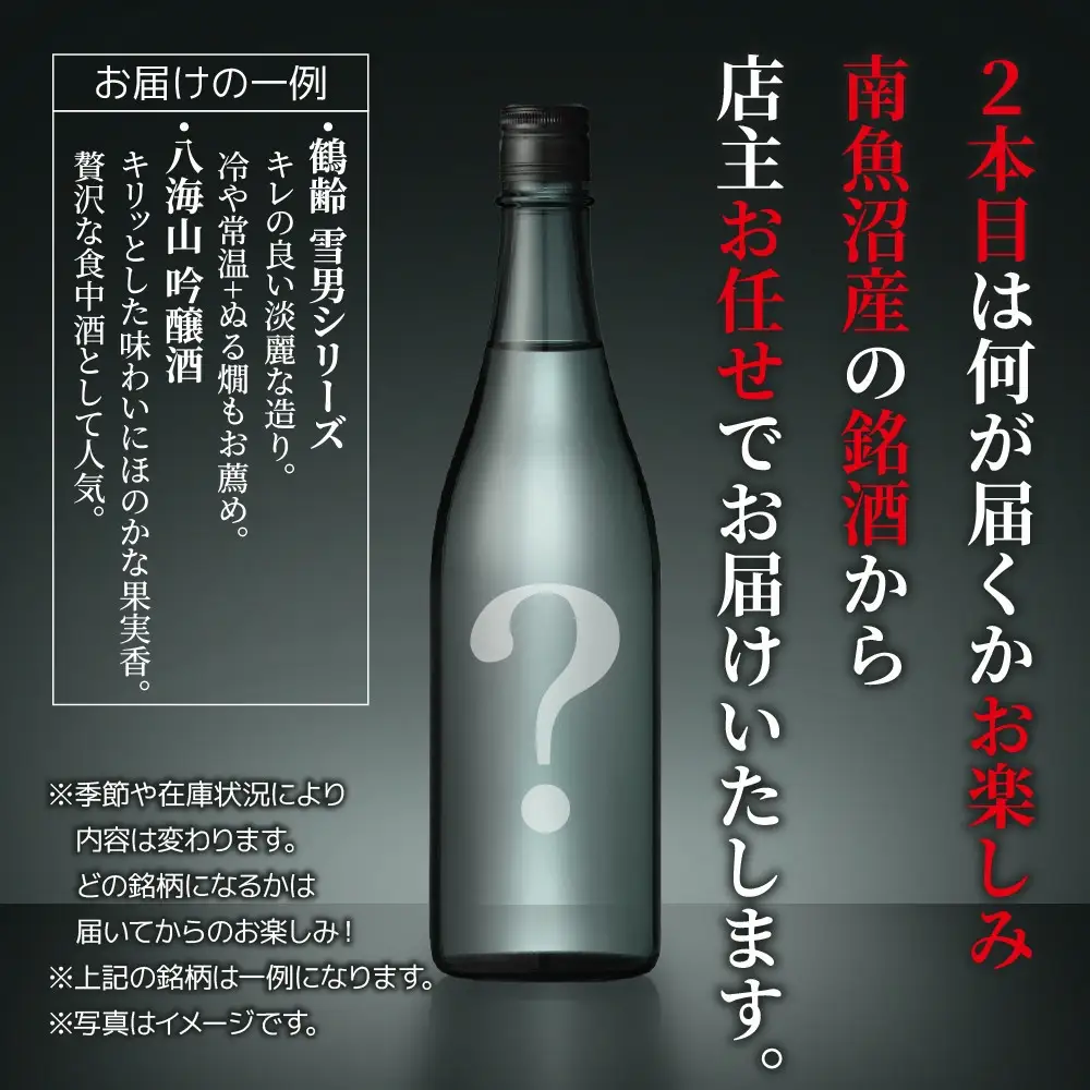 1本は店主のお任せ 南魚沼産酒ガチャ2本セット 竹コース 鶴齢純米吟醸 お楽しみ 2本 720ml 鶴齢 日本酒 酒 お酒 おさけ さけ おまかせ お任せ 贈答品 プレゼント お祝い 送料無料 新潟県 南魚沼市 金田屋酒店