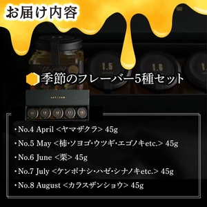 ＜お試し＞箕面市産はちみつ フレーバー5種セット(45g×5個) はちみつ 蜂蜜 箕面産はちみつ 国産 天然 非加熱 ギフト 詰め合わせ 5種セット 小瓶セット お試しセット 食べ比べ 四季のはちみつ ヤマザクラ 栗 カラスザンショウ 新登場 【m91-03】【友愛電工】