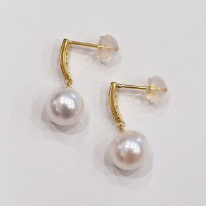 S085-492_あこや真珠 天草 ピアス ダイヤモンド 揺れる 0.03ct K18 K14 7.5mm - 8mm ホワイトピンク 真珠   