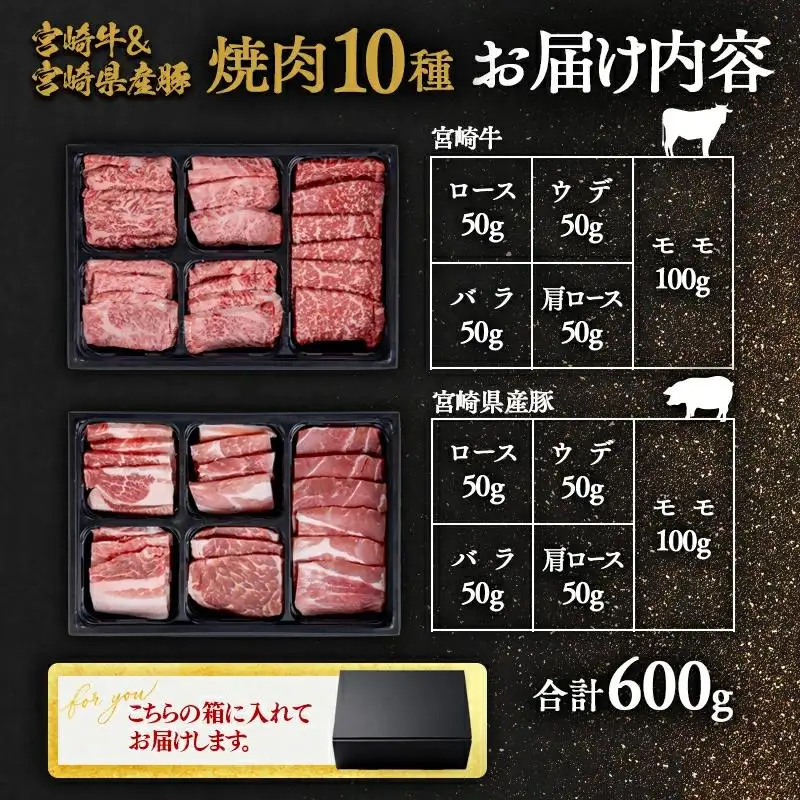 宮崎牛＆宮崎県産豚肉 焼肉10種盛り 食べ比べセット計600g 宮崎牛4等級以上 国産牛 豚肉  ブランド牛 ミヤチク 内閣総理大臣賞4連覇＜47-3b＞●