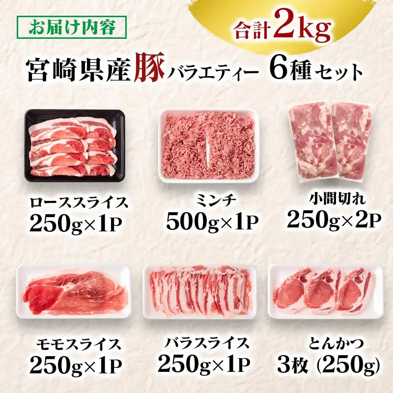【2週間以内発送】宮崎県産豚肉 ６種 バラエティ2kgセット＜58-26a＞小分け スライス 鍋 トンカツ 餃子等★