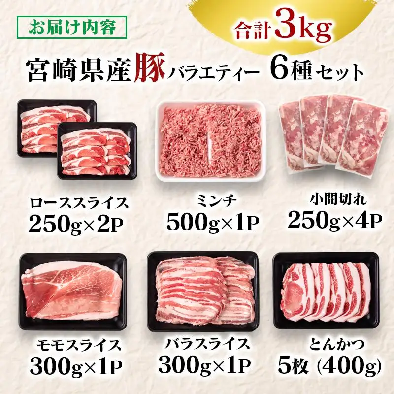 【2週間以内発送】宮崎県産豚肉 6種 バラエティ3kgセット＜58-40a＞小分け スライス 鍋 トンカツ 餃子等