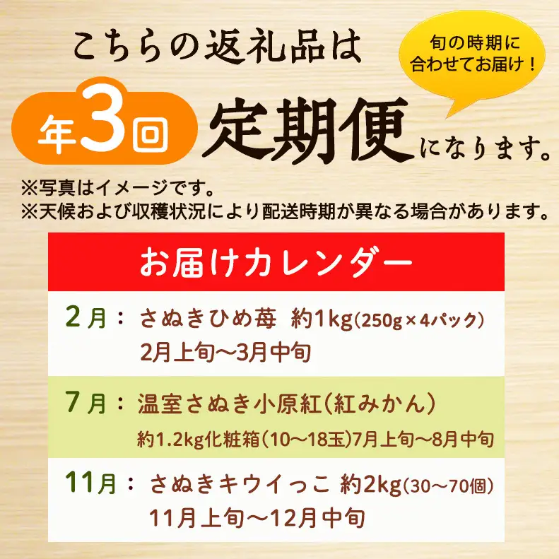 讃岐のフルーツ3回定期便【A】【さぬきひめ苺】【温室さぬき小原紅(紅みかん) 】【さぬきキウイっこ】