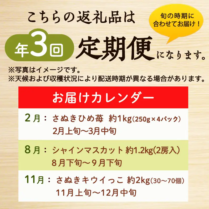 讃岐のフルーツ3回定期便【B】【さぬきひめ苺】【シャインマスカット】【さぬきキウイっこ】