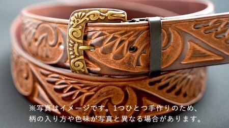 牛革ベルト（インディアン（鷲の羽）模様・焦茶かすれ染め）【太さ40mm / 厚さ3.7mm / L(130cm)】 牛革 父の日 手作り ベルト 革製品 [BE017ya-L]