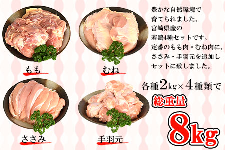 ＜宮崎県産若鶏4種 総重量8kgセット＞翌月末迄に順次出荷【c624_dm_x2】