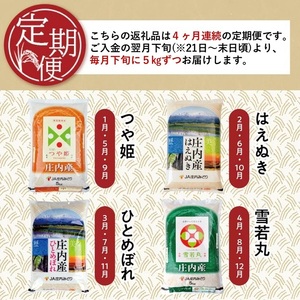 SF0371　≪4ヶ月定期便≫ 庄内米味比べ 5kg×4ヶ月 つや姫 はえぬき ひとめぼれ 雪若丸 計20kg 山形県庄内産 毎月下旬頃にお届け 東北 酒田市 庄内地方 庄内平野 お米 精米 白米 ブランド米 庄内米 ごはん ご飯 農協 JA 産地直送 JA庄内みどり