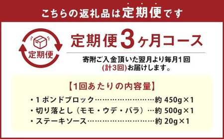 【3カ月定期便】 【ブロック ＆ 切り落とし】 おおいた和牛 1ポンドブロック 約450g ・ 切り落とし 約500g 約950g×3回 計約2.85kg ステーキソース付