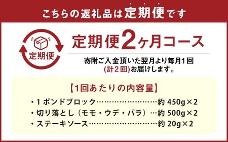 【2カ月定期便】 【ブロック ＆ 切り落とし】 おおいた和牛 1ポンドブロック 約900g（約450g×2） ・ 切り落とし 約1kg（約500g×2） 約1.9kg×2回 計約3.8kg ステーキソース付