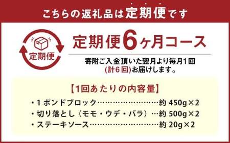 【6カ月定期便】 【ブロック ＆ 切り落とし】 おおいた和牛 1ポンドブロック 約900g（約450g×2） ・ 切り落とし 約1kg（約500g×2） 約1.9kg×6回 計約11.4kg ステーキソース付
