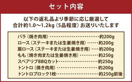 【香心ポーク】 焼き肉 ・ ステーキ用 厚切り肉 1.0～1.2kg （各部位セット） 豚肉 お肉 肉 バラ ロース 肩ロース もも スペアリブ トントロ ブロック 焼肉 ステーキ 生姜焼き BBQ 厚切り セット 九州 熊本県 冷凍