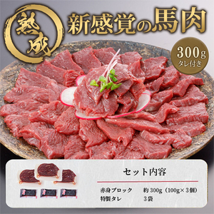 【阿蘇牧場】馬肉赤身 300g 特許製法 氷温熟成 低温調理 加熱済 新感覚 旨みたっぷり 小分け 食べきり 専用醤油 タレ付 真空パック 熊本 阿蘇 小国町 最大3ヶ月以内出荷
