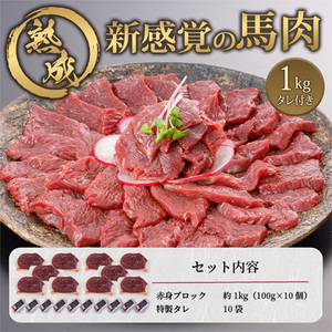 【阿蘇牧場】馬肉赤身 1000g 1kg 特許製法 氷温熟成 低温調理 加熱済 新感覚 旨みたっぷり 小分け 食べきり 専用醤油 タレ付 真空パック 熊本 阿蘇 小国町 最大3ヶ月以内出荷