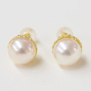 S101-426_あこや真珠 天草 熊本 ピアス 菊皿 8mm - 8.5mm 花型 ホワイトピンク K18 K14 本真珠  