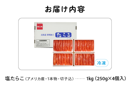 【6か月定期便】低温熟成塩たらこ 1本物・切子込　250ｇ×4セット 全6回 R001-066