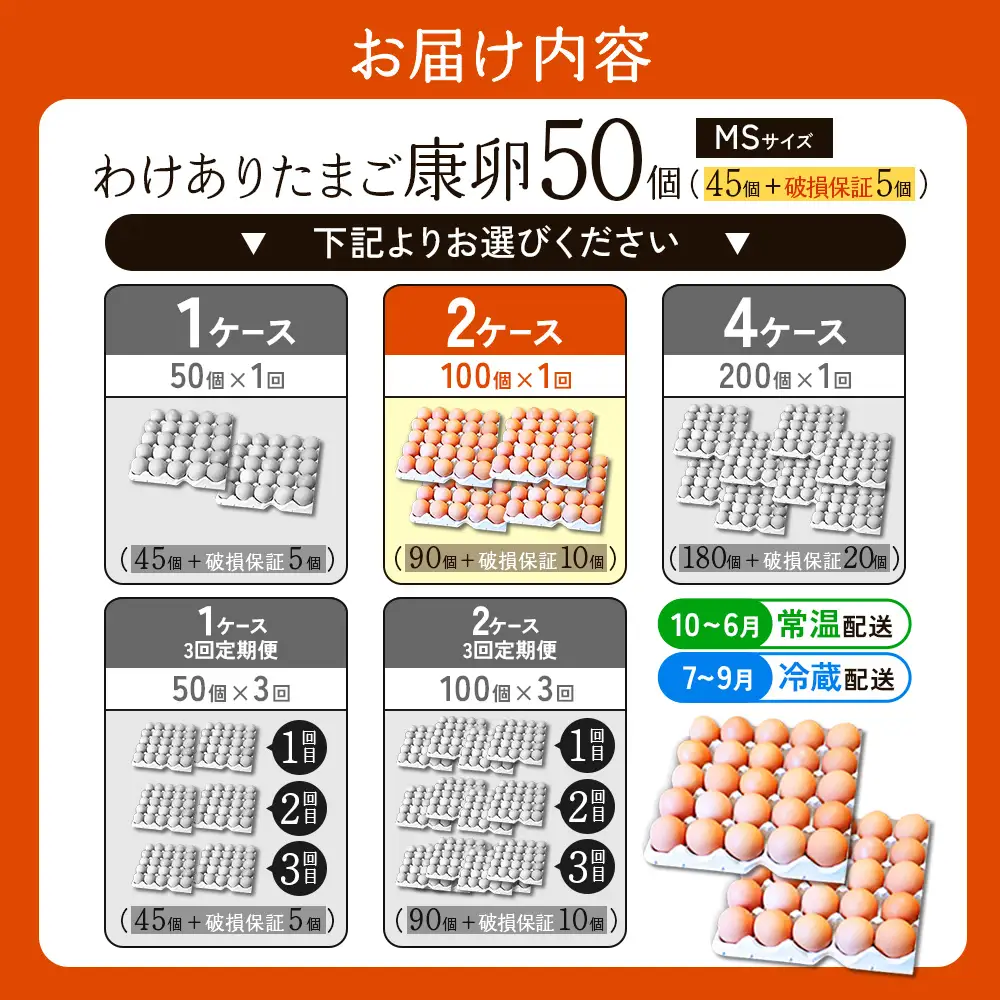 卵【わけあり】霧島山麓育ち こだわり卵 康卵 MSサイズ 計 50個 × 2ケース 計 100個（90個 + 割れ保証 10個）たまご 玉子 タマゴ 卵焼き 玉子焼き たまご焼き 生卵 鶏卵 平飼い 放し飼い たまごかけごはん 国産 九州産 宮崎県産 送料無料