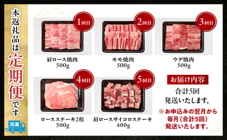 【5か月定期便】宮崎牛焼肉定期便 宮崎牛 牛肉 お肉 国産牛 ブランド牛 和牛 焼肉 スライス ステーキ サイコロステーキ ウデ焼肉 モモ焼肉 定期便 霜降り 贈答用 贈答 贈り物 プレゼント 記念日 誕生日 内祝い グルメ BBQ 焼き肉 アウトドア ミヤチク お祝い ホームパーティー おもてなし _Tk031-t029