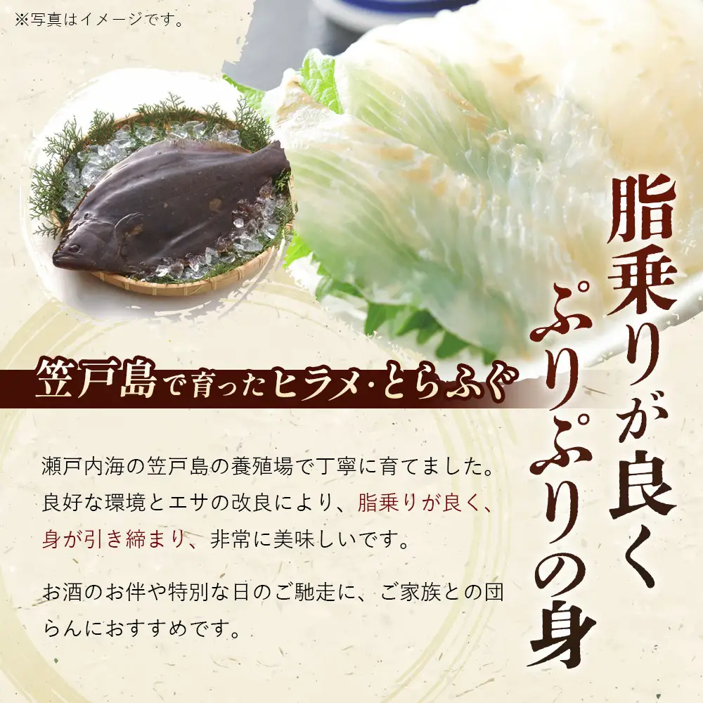 笠戸ひらめ・とらふぐ　お刺身（陶器皿）約2～3人前【引換券】 ／ ヒラメ さしみ トラフグ 山口県 No.188