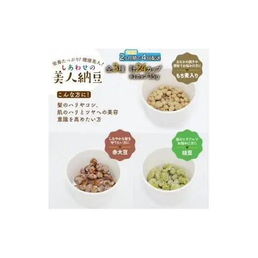 定期便 2か月間 4回お届け 計24パック しあわせの美人納豆　【 赤大豆 / もち麦入り / 枝豆 】 3種6パックを隔週でお届け 自分へのご褒美 キレイをサポート 美容意識 健康食品 納豆 大豆
