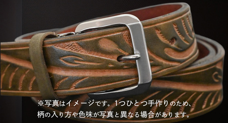 牛革ベルト 羽根模様フラワーグリーンかすれ染め【太さ30mm / 厚さ3.7mm / M(110cm)】 [BE025ya-M]