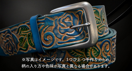 牛革ベルト 薔薇模様 青+緑かすれ染め【太さ40mm / 厚さ3.7mm / L(130cm)】 [BE045ya-L]