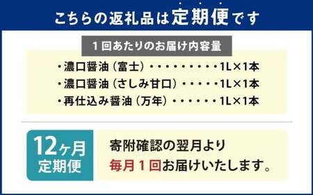 【12ヶ月定期便】 お醤油3種味比べセット ／ 調味料 醤油 しょうゆ おしょうゆ 濃口 こいくち 甘口 あまくち 料理 大分県 九重町