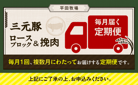 【 全6回 毎月 定期便 】 日本 の 米育ち 平田牧場 三元豚ロース ブロック 600g ・ 三元豚挽肉 300g T036-T13-02 肉 豚肉